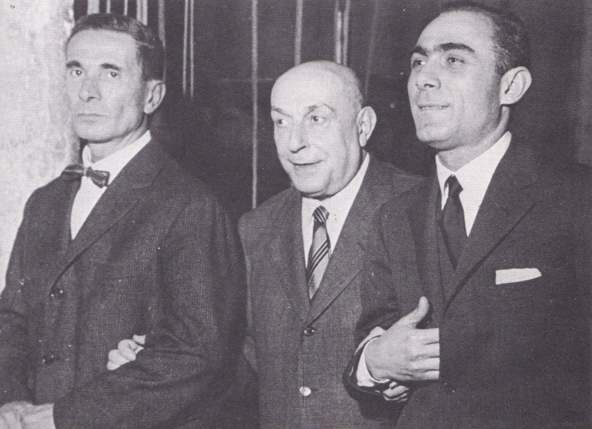 Dino Buzzati con Mario Missiroli e Gaetano Afeltra al Corriere della Sera, 1952 circa
