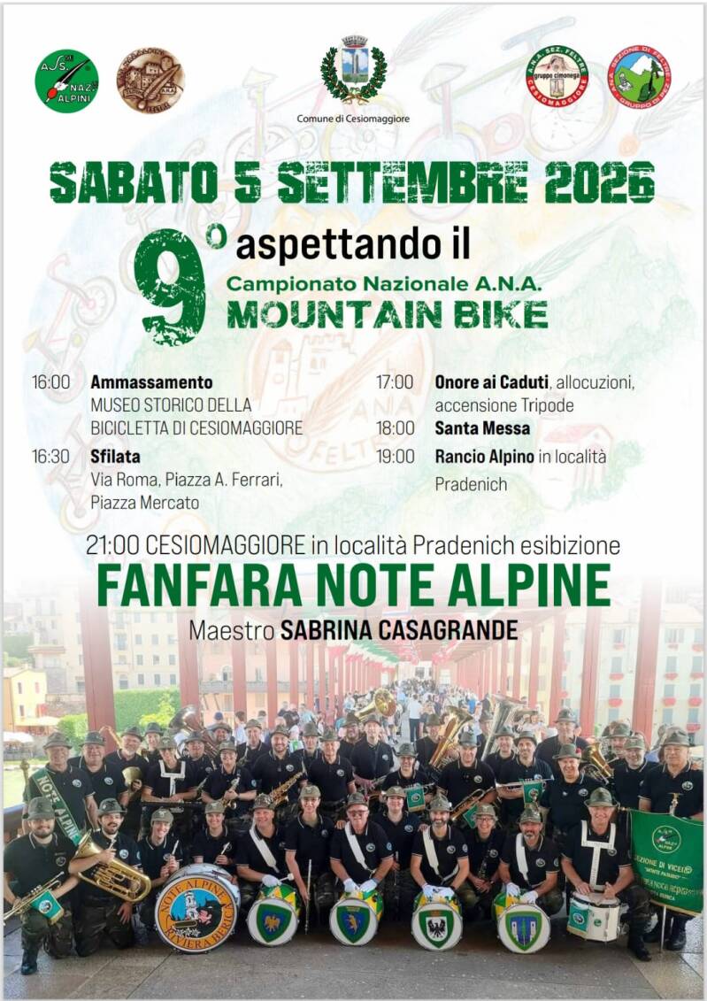 Programma di sabato 5 settembre 2026 del Campionato Nazionale ANA Mountain Bike a Cesiomaggiore