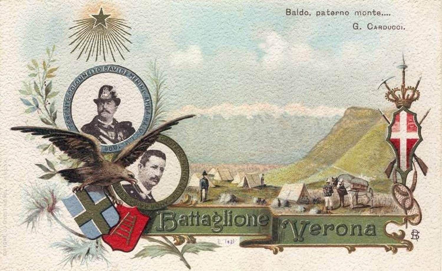Cartolina d’epoca illustrata con aquila, ritratti in medaglione, stemmi e la scritta «Battaglione Verona»
