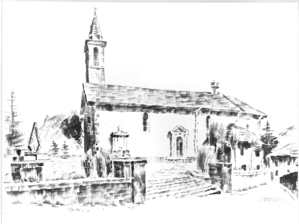 Disegno a matita di una chiesa con campanile a cuspide, una scalinata e il muro del sagrato