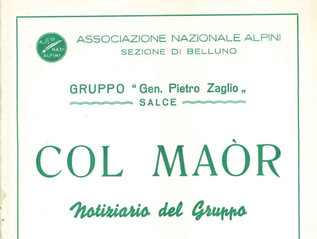 Copertina verde e bianca del primo numero del Col Maòr, notiziario del Gruppo Alpini Gen. Pietro Zaglio di Salce, 1964