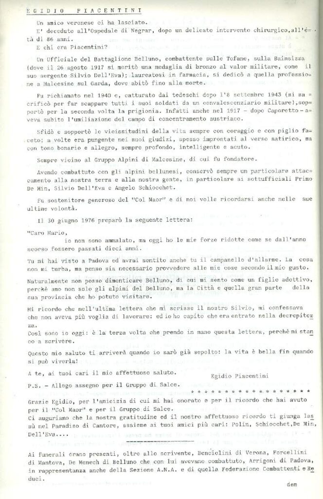 Pagina dattiloscritta del Col Maòr con il titolo «Egidio Piacentini» e il testo della sua lettera del 1976