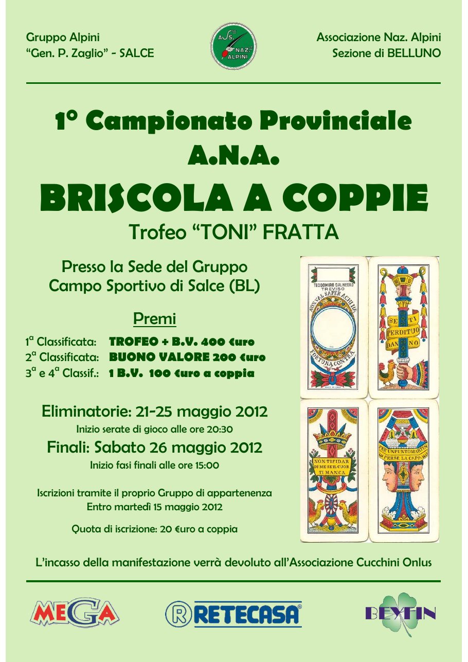 Locandina del 1° Campionato provinciale A.N.A. di briscola a coppie, Trofeo «Toni» Fratta, maggio 2012, Salce