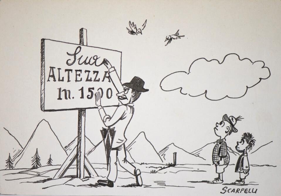 Vignetta: un signore elegante con bombetta e ombrello scrive Sua davanti alla parola Altezza su un cartello che indica 1500 metri, mentre due ragazzini lo guardano